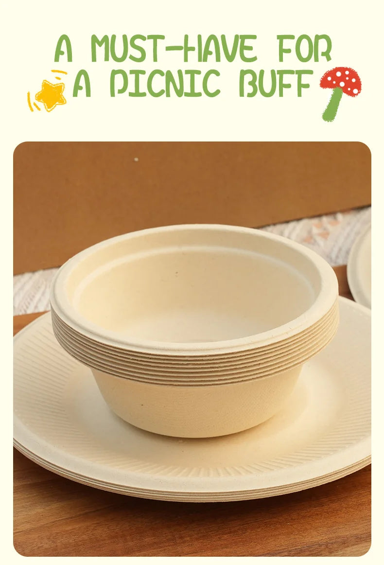 20/40pcs Disposable Paper Bowls Natural Sugarcane Paper Soup Bowls Desserts Fruit Salads Food Containers Party Dinner Plate Set