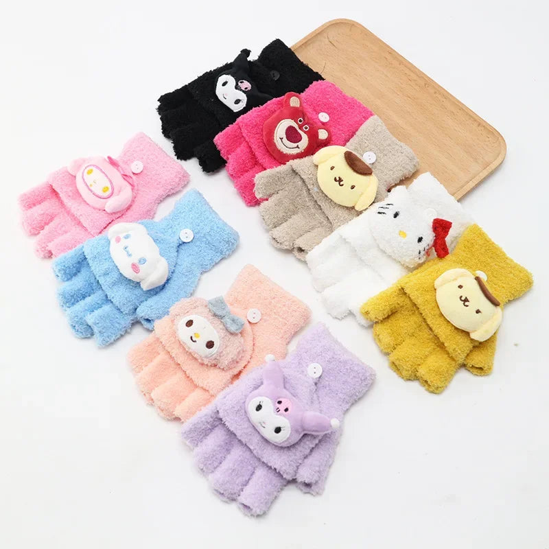 Sanrio Kuromi Childrens' Gloves Kawaii Hello Kitty Y2k Knitted Half-finger Flip Gloves Handwrite Melody Cartoon Cute Students'