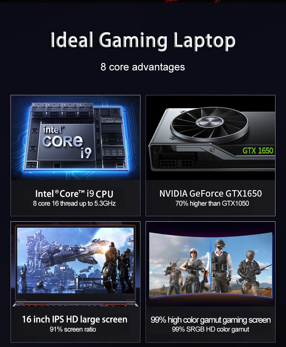 YSJMNPC Gaming Laptop Computer Intel Core i9-10885H i7 10870H GTX1650 4G 16.1 Inch IPS Screen RAM Max 64GB 2*DDR4 2*M.2 NVMe