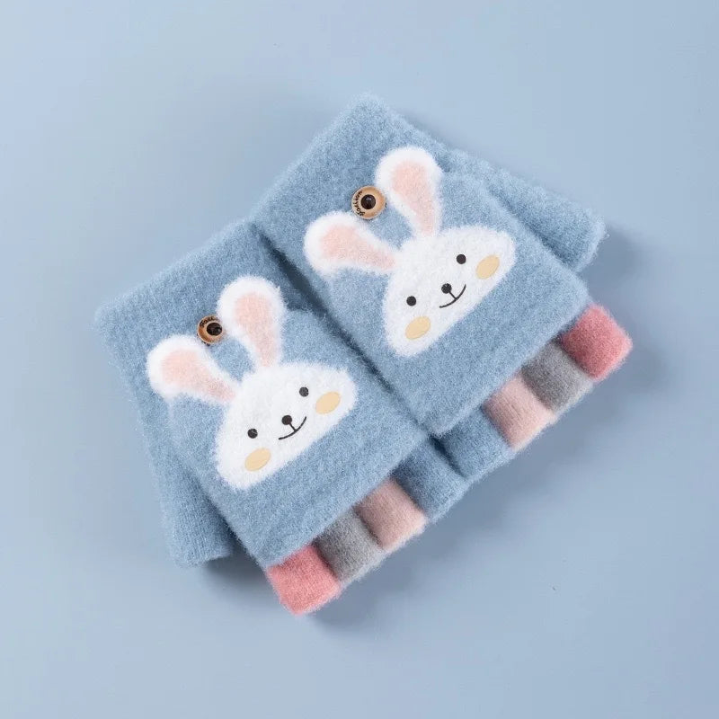 4-11 year old cartoon bunny five finger children's gloves winter thick half finger flip knitted gloves winter new warm gloves