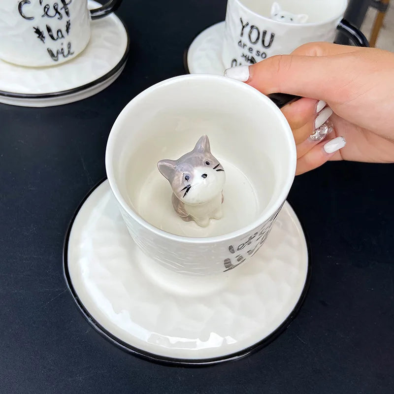 Creative Cartoon Relief Ceramic Cup Animal Inside Mug Kitty Cat Coffee Cup Milk Coffee Mug with Tray