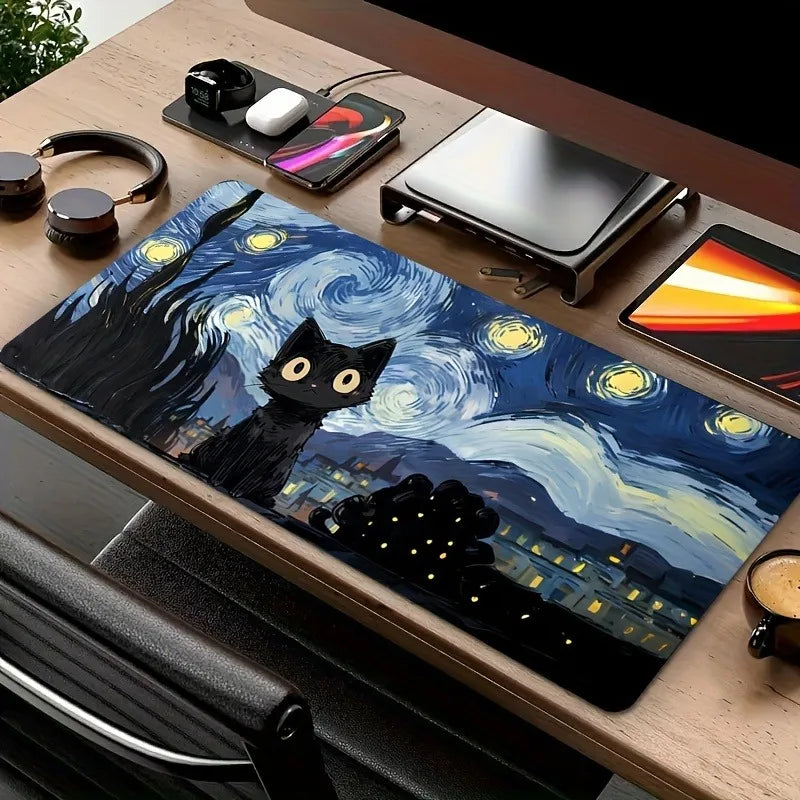 Starry Night mouse pad with cute black cat, study and office use, office accessories, rectangular workstation pad - durable, wat