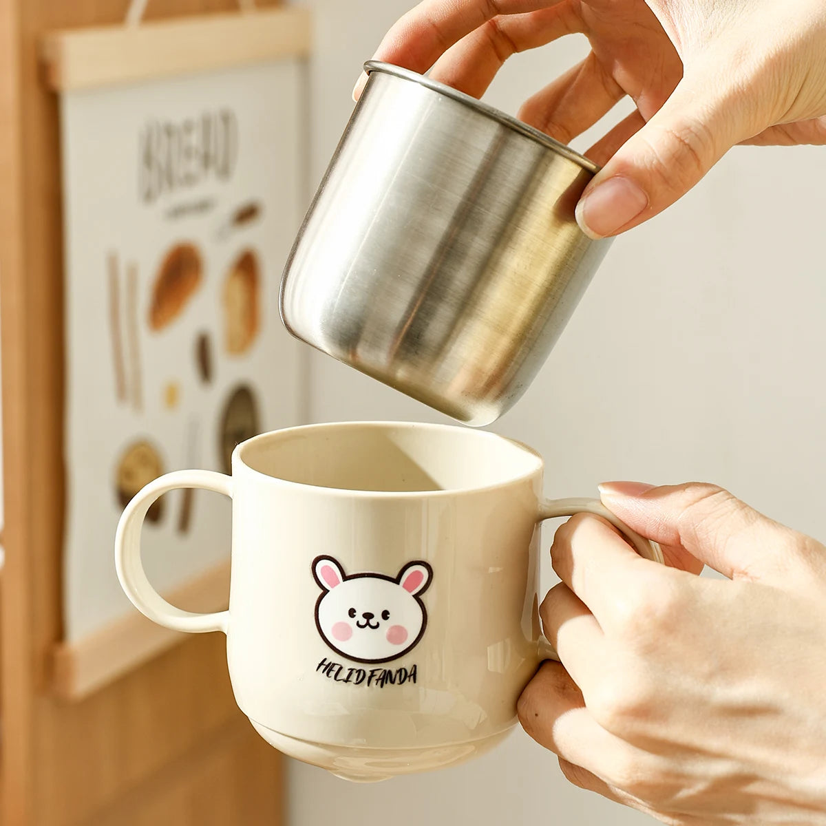 WORTHBUY New 304 Stainless Steel Water Cup Mug With Handle Cute Double Wall Milk Coffee Cup Anti Scalding Drinking Cup For Kids