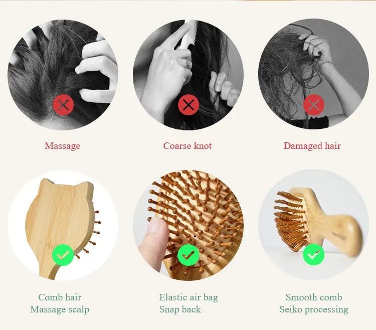 Bamboo Hair Brush Air Bag Wide Teeth Bamboo Combs Smooth Massage Scalp Brush Barber Comb Women Hairdressing Styling Hair Tools