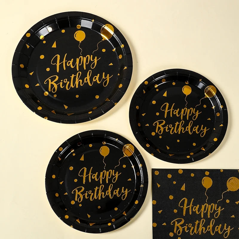 Happy Birthday Black Gold Disposable Tableware Birthday Party Decoration Adult Birthday Anniversary Supplies Paper Plate Napkins