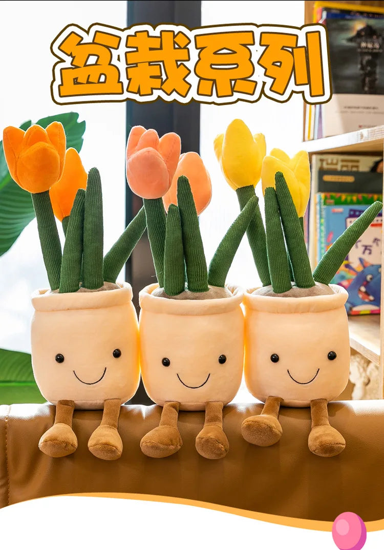 Lifelike Tulip Succulent Plants Plush Stuffed Decoration Toy Soft Decor Doll Potted Flowers Pillow for Girls Gift