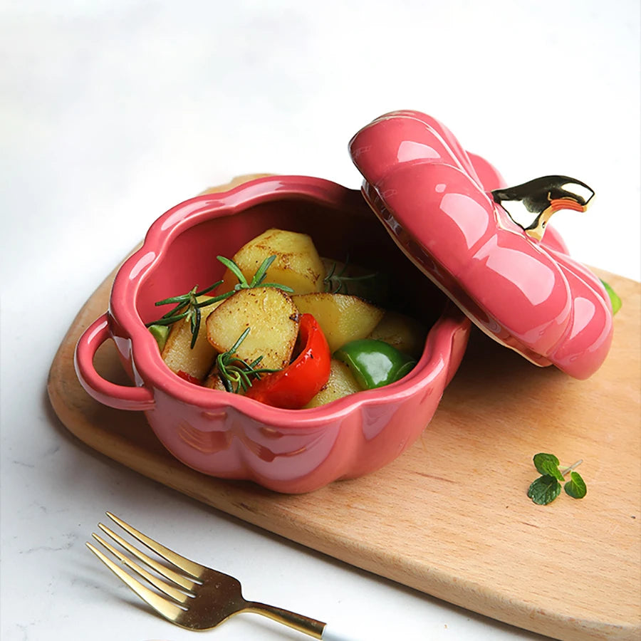 Pumpkin Shape Bowl With Lid Ceramic Soup Salad Cereal Bowl Bakeware Oven Baking Pan Kitchen Halloween Party Festival Decoration