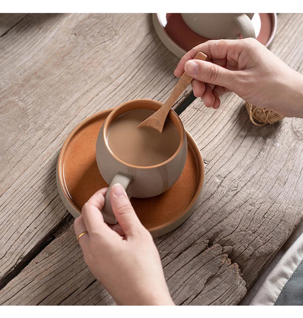 Pottery Mug For Latte Cappuccino Milk Juice Cocoa Cups With Dish 300ml