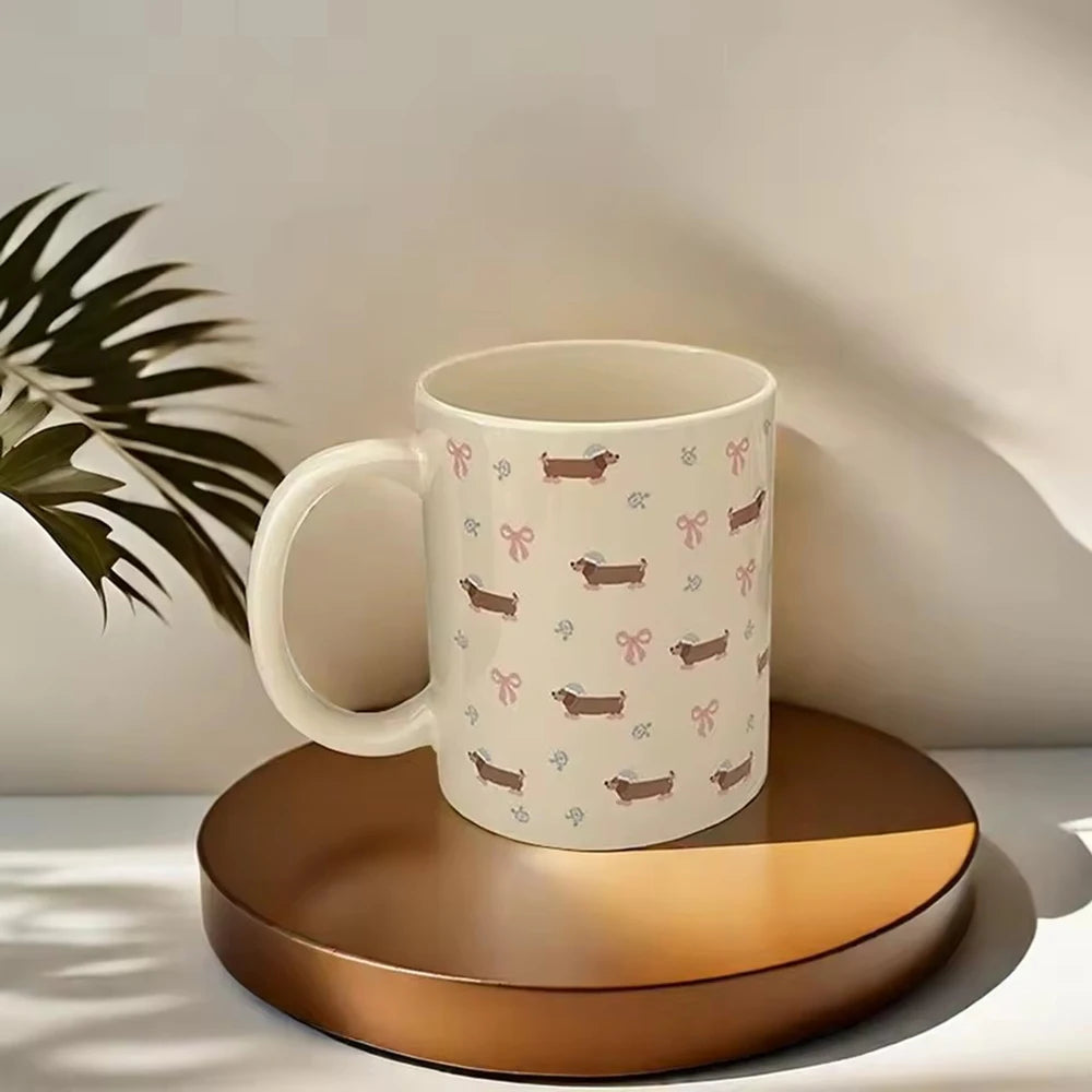 340ml Korean Style Cute Dachshund Pattern Ceramic Mug With Handle Coffee Cup Oatmeal Breakfast Mug Kitchen Drinkware