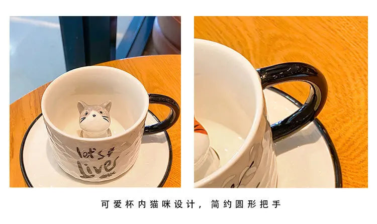Creative Cartoon Relief Ceramic Cup Animal Inside Mug Kitty Cat Coffee Cup Milk Coffee Mug with Tray