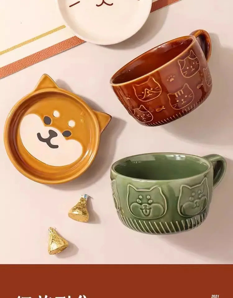 Japanese Sle Cerc Couple Mugs with Lid Dog And  Design Breakfast Cups Hand-Painted Animal Patterns 350ml Capaci