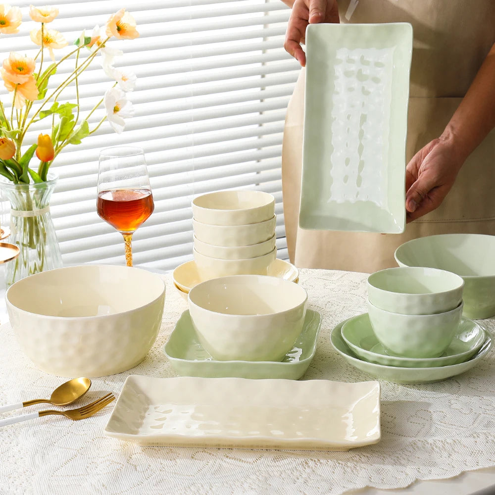 Household Solid Ceramic Rice Bowls 4.5 inch New Soup Tableware Cream Style Green Creative Underglaze Colour Instant Noodles Bowl