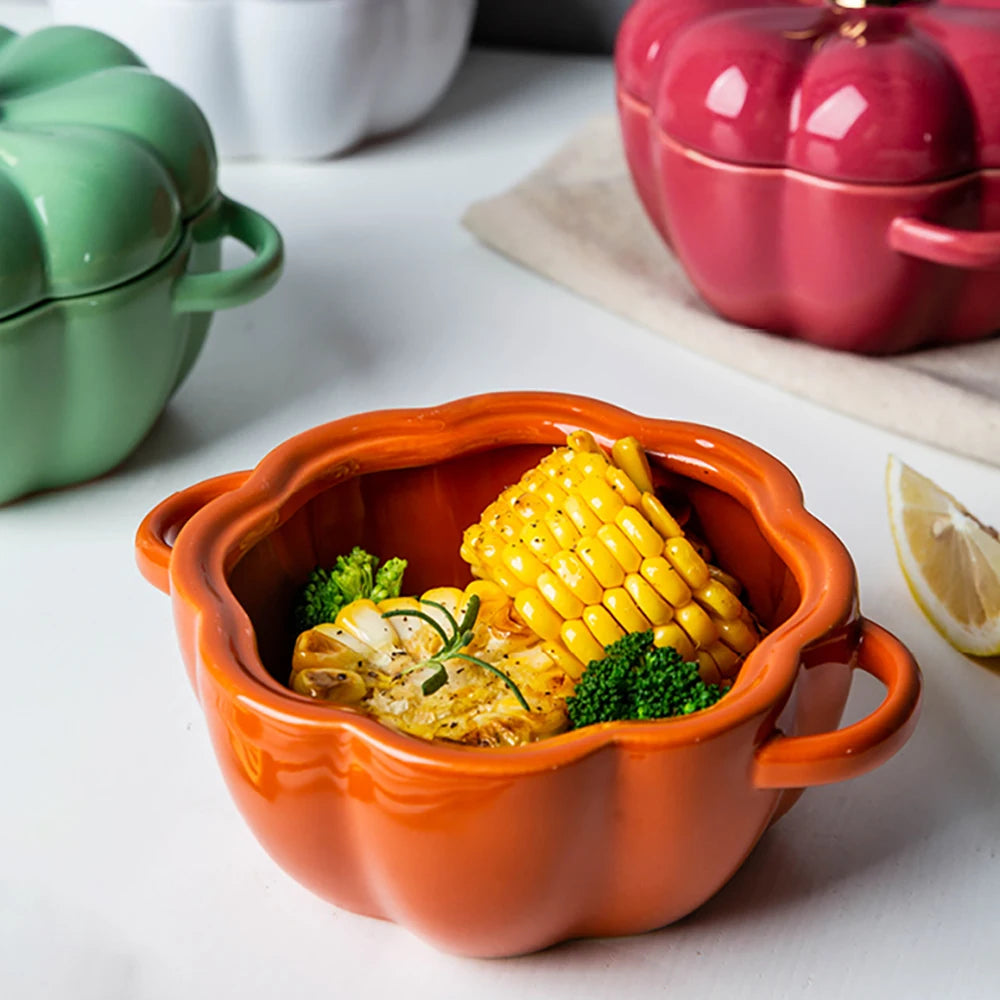 Pumpkin Shape Bowl With Lid Ceramic Soup Salad Cereal Bowl Bakeware Oven Baking Pan Kitchen Halloween Party Festival Decoration