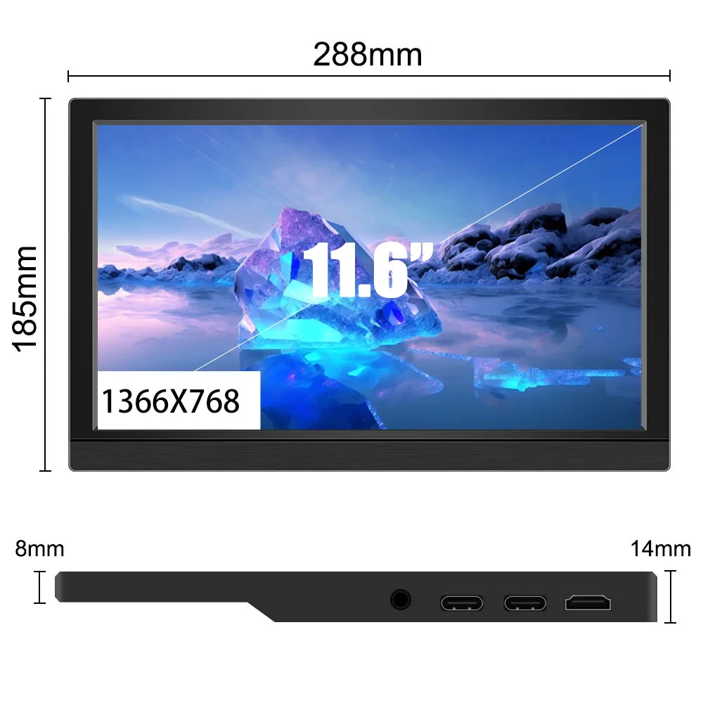 Protable Monitor 11.6/13.3 Inch 1366x768 60Hz Secondary Monitor With Hidden Bracket Compatible HDMI for Laptop Computer Display