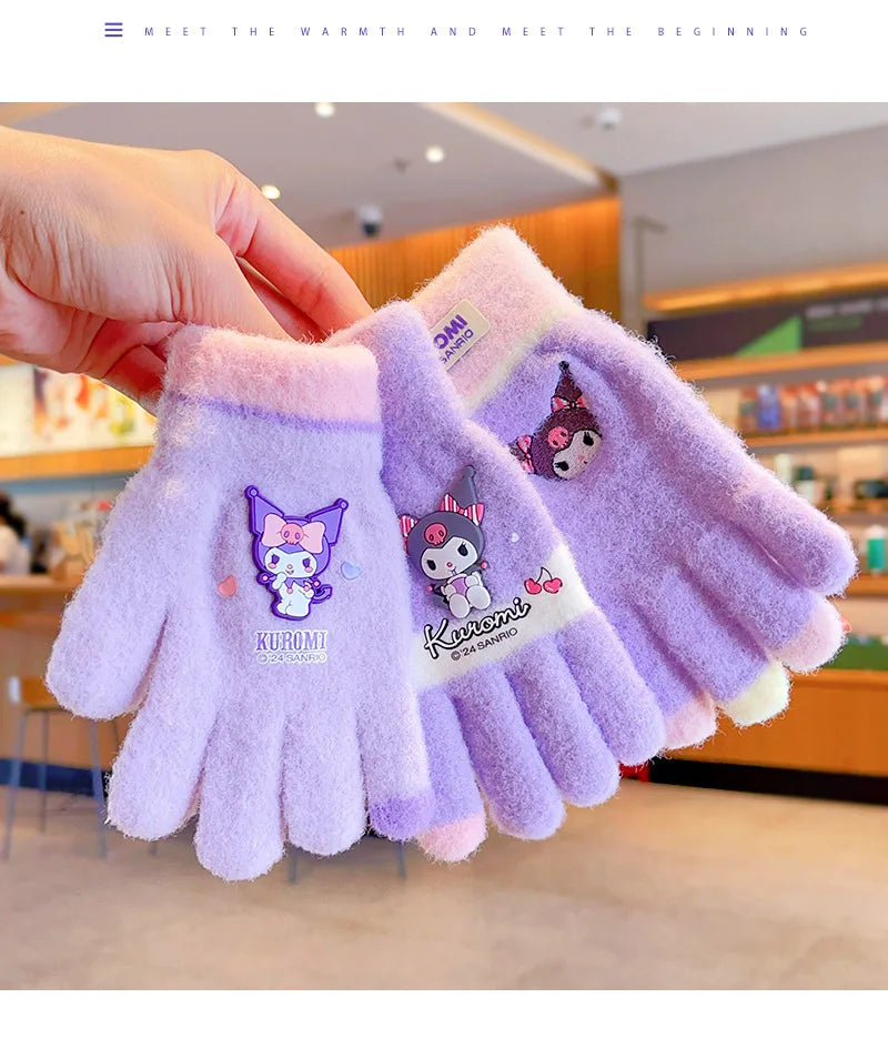 Sanrio Gloves Kawaii My Melody Kuromi Cold-Proof Winter Finger Gloves Plush Screen Touch Warm Children Toddler Christmas Gifts