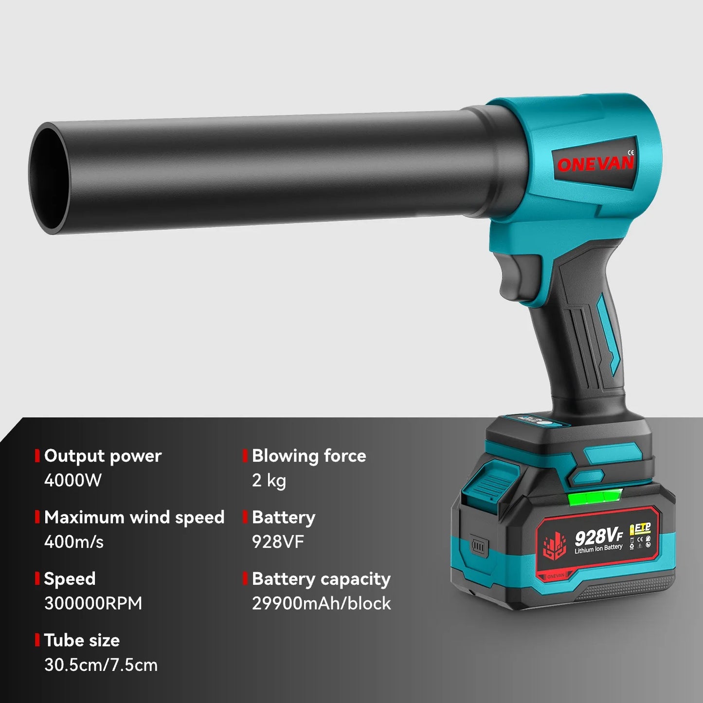 ONEVAN 4000W Brushless Electric Turbo Blower Jet Fan 400M/S 300000RPM Handheld Leaf Blower Dust Blowing Tool for 21V 18V Battery