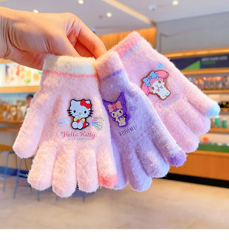 Sanrio Gloves Kawaii My Melody Kuromi Cold-Proof Winter Finger Gloves Plush Screen Touch Warm Children Toddler Christmas Gifts