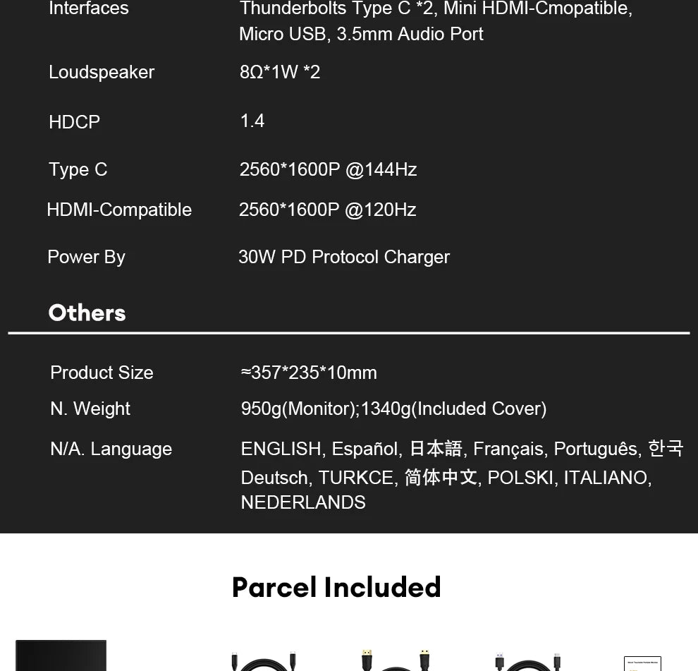 ZEUSLAP 16" 2.5K 144hz Touch Screen Portable Monitor 2560*1600 100%sRGB 500Cd/m² Travel Display for Laptop Computer