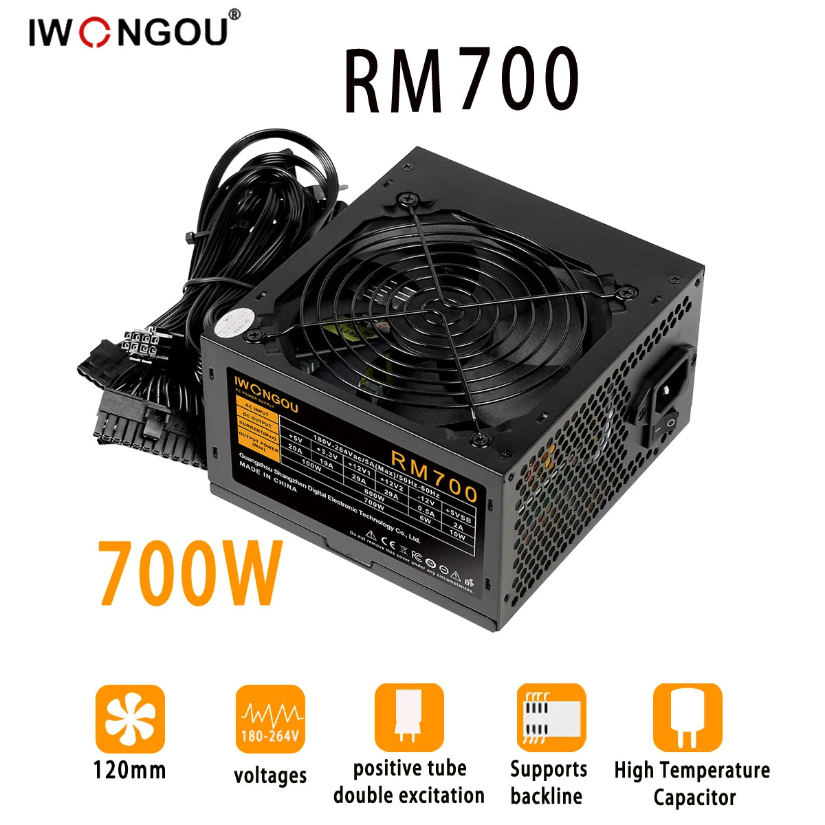 IWONGOU PC Power Supply Unit 500W 600W 750W Black Gaming Quiet 120MM 24pin 12V ATX Desktop Computer Power Supply for BTC