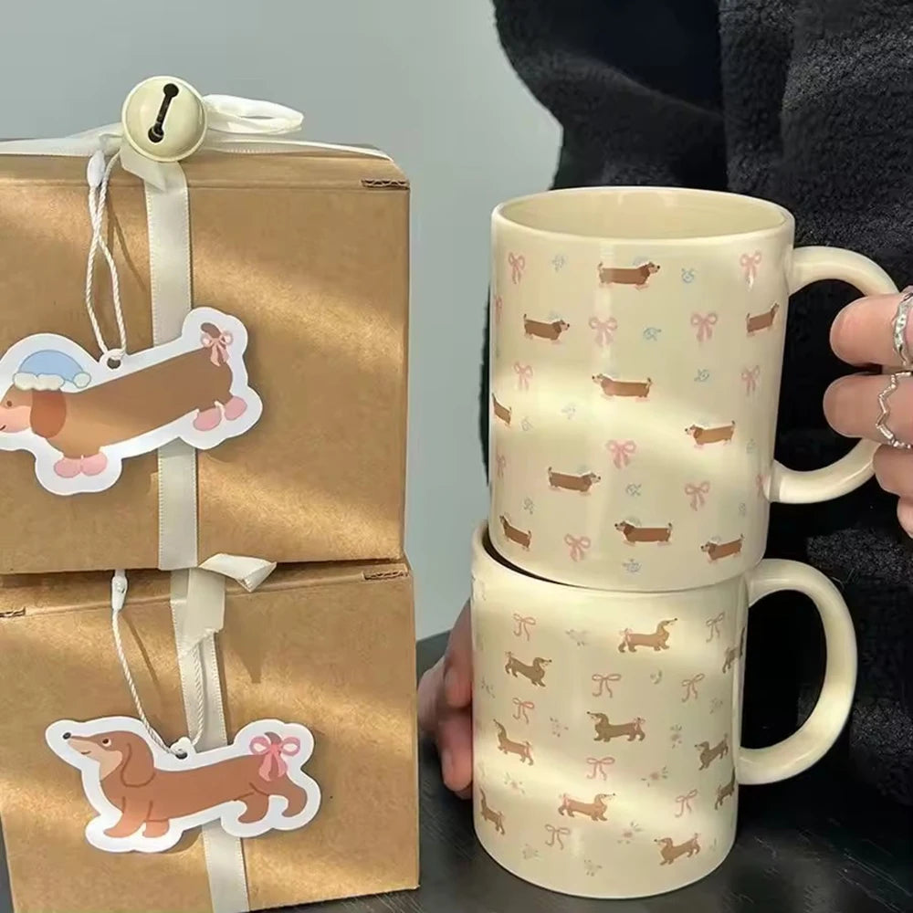 340ml Korean Style Cute Dachshund Pattern Ceramic Mug With Handle Coffee Cup Oatmeal Breakfast Mug Kitchen Drinkware