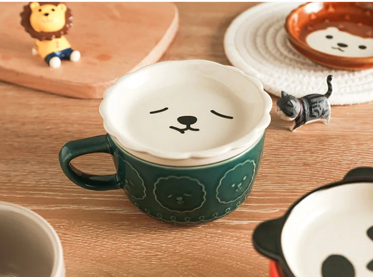 Japanese Ceramic Cartoon Animal Mug Cute Home Breakfast Mug Office Coffee Mug Couple Water Cup With Lid