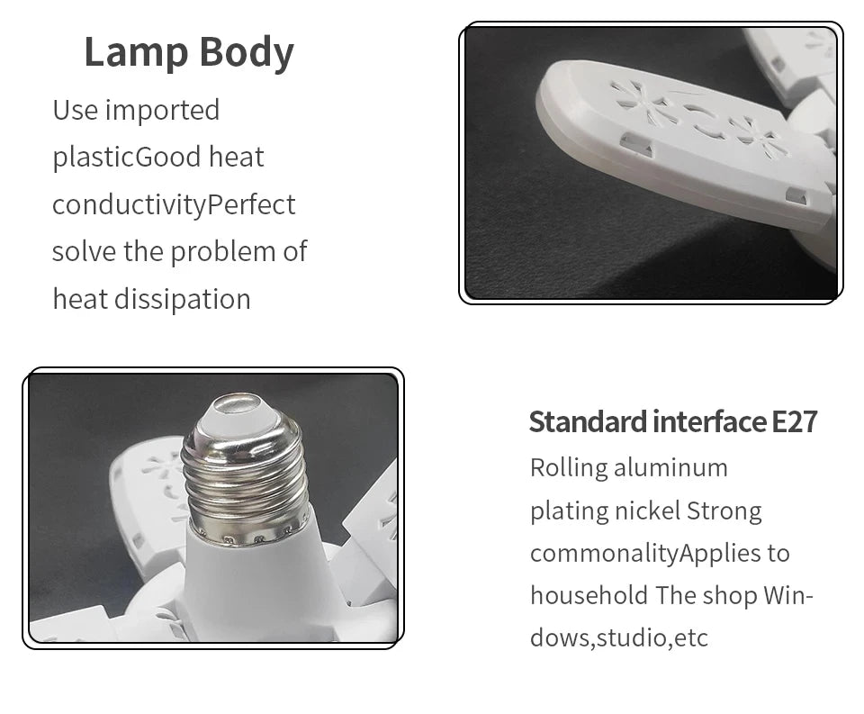 E27 Foldable Fan Shape LED Bulb Lamp  220V 110V 40 LEDs Light Bulbs For Home Ceiling Lamp Warehouse Garage  White Light 6500