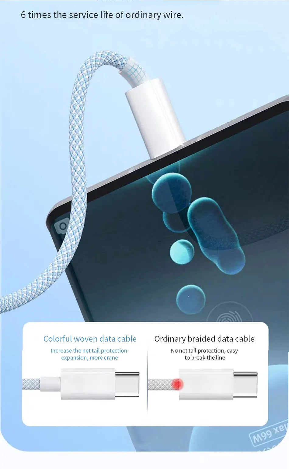 66W 3 In 1 Fast Charging Cable 6A Micro USB Type C Data Cable For Xiaomi Super Fast Charger Nylon Braid Cable 1.2M/2M/3M
