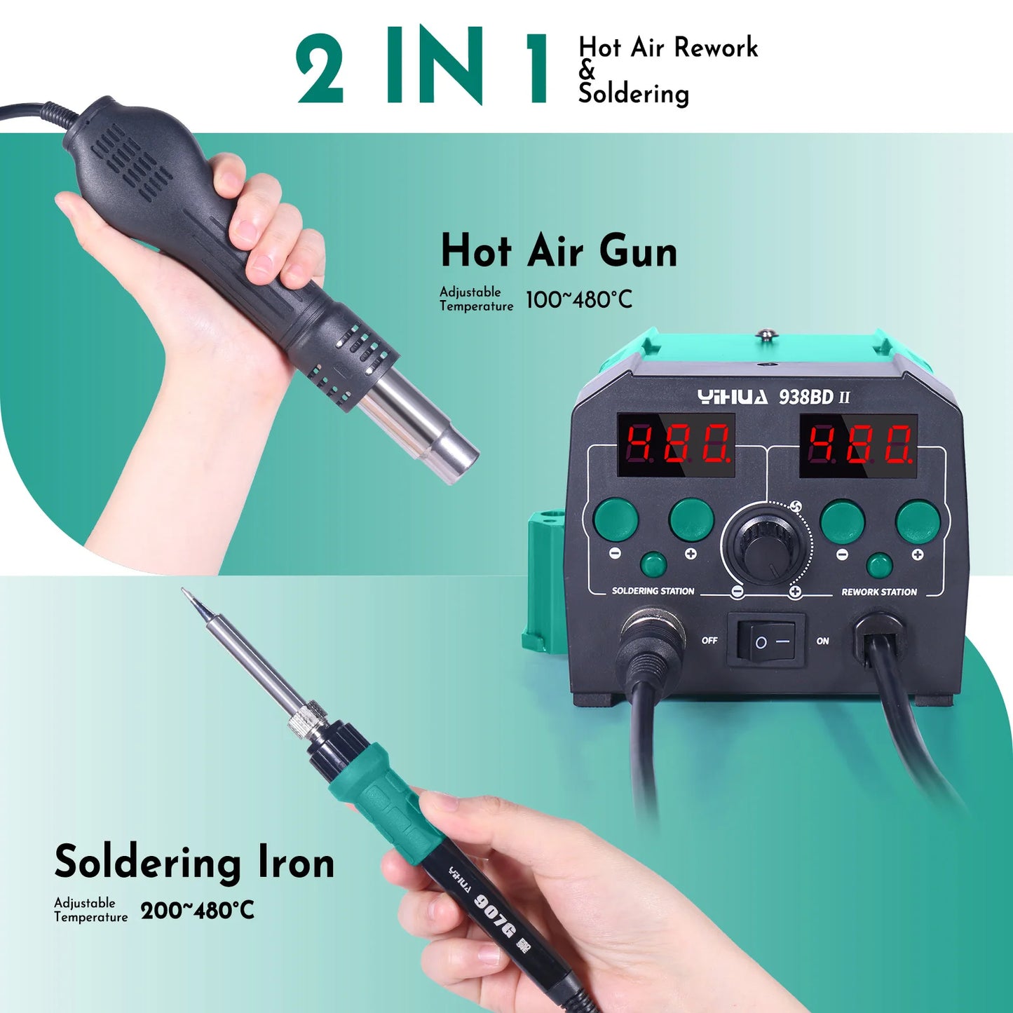 YIHUA 938BD-II 740W Hot Air Gun BGA Rework Station SMD Soldering Iron Desoldering Station LED Lamp Digtal Display Welding Tool