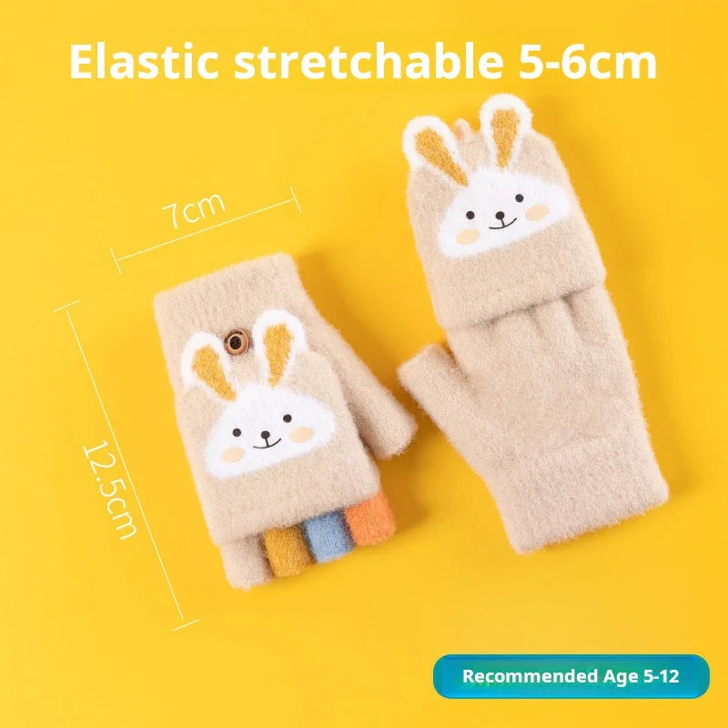4-11 year old cartoon bunny five finger children's gloves winter thick half finger flip knitted gloves winter new warm gloves