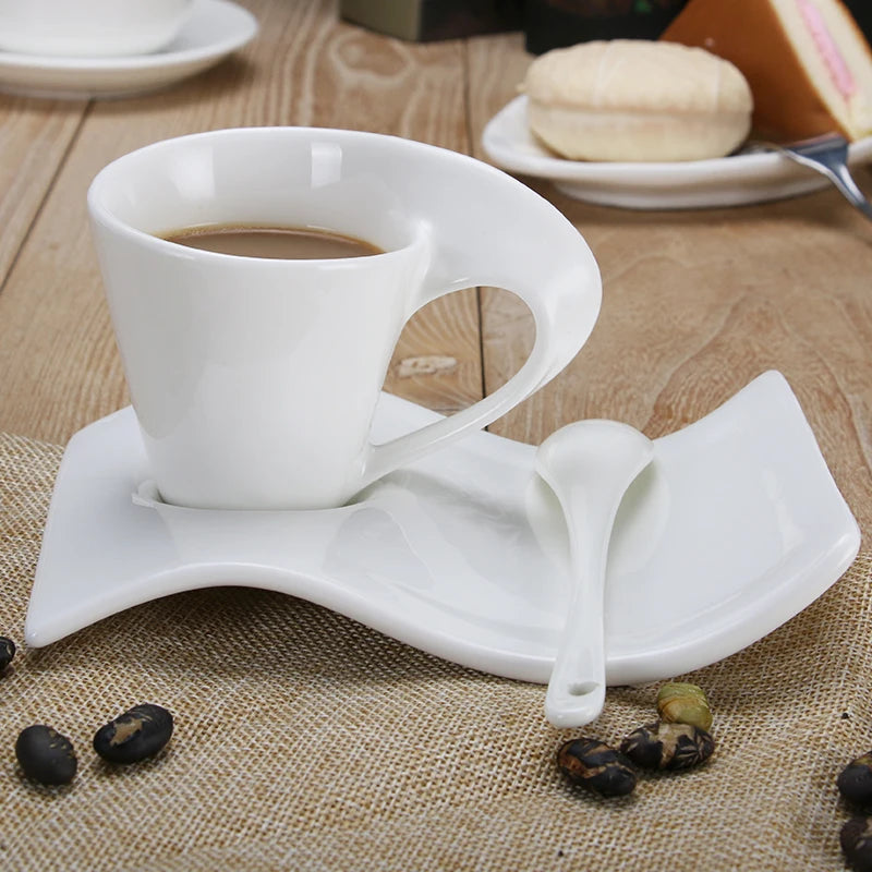 European Wave Porcelain Coffee Cup and Saucer Set White Ceramic Coffee Cup Breakfast Cup with Saucer Modern Home Decoration