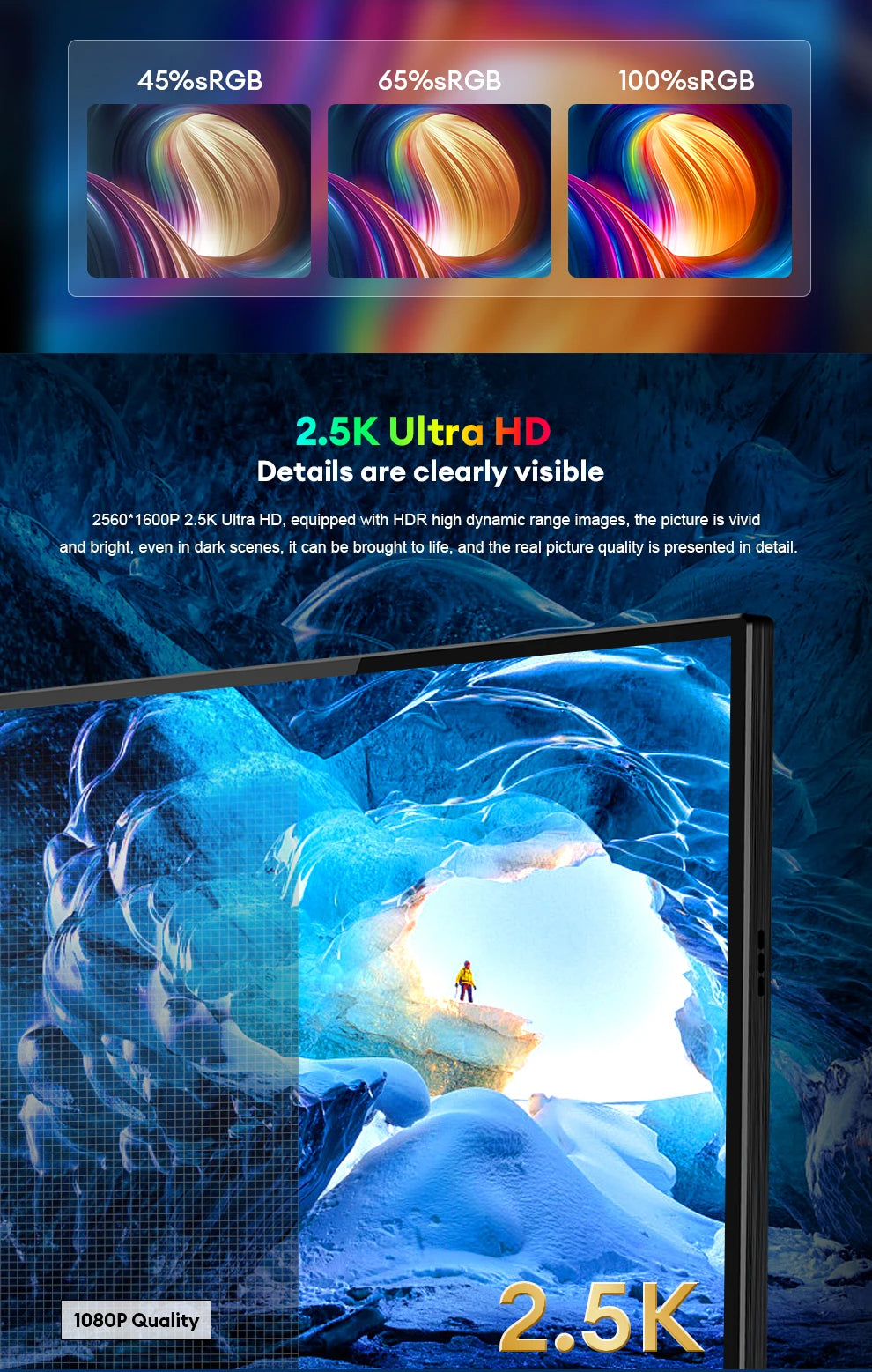 ZEUSLAP 16" 2.5K 144hz Touch Screen Portable Monitor 2560*1600 100%sRGB 500Cd/m² Travel Display for Laptop Computer