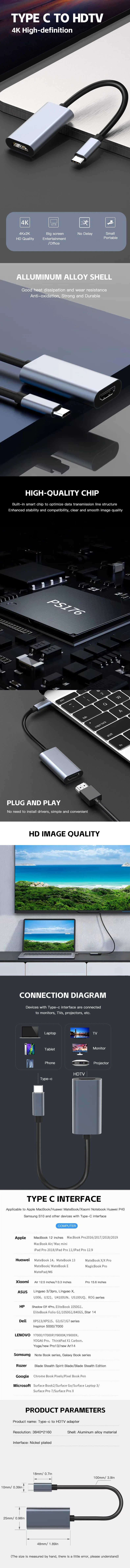 TYPE C to HDTV 4K Adapter USB C USB3.1 Male to HDTV Female Converter Cable for Laptop Tablet TV MacBook