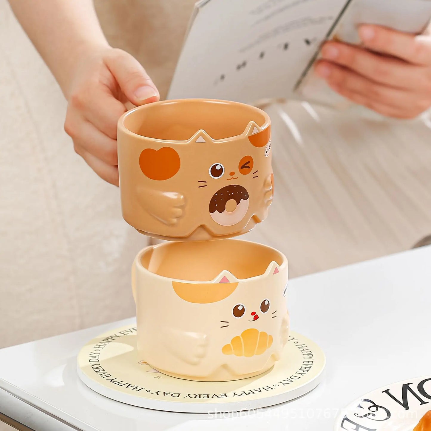 Creative Ceramic Cat Mug Cartoon Stacked Pair Cup High Temperature Resistant Household Children's Drinking Coffee Cup