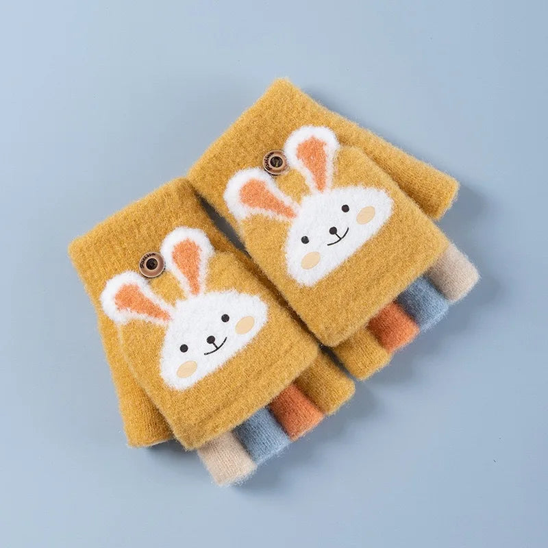 4-11 year old cartoon bunny five finger children's gloves winter thick half finger flip knitted gloves winter new warm gloves