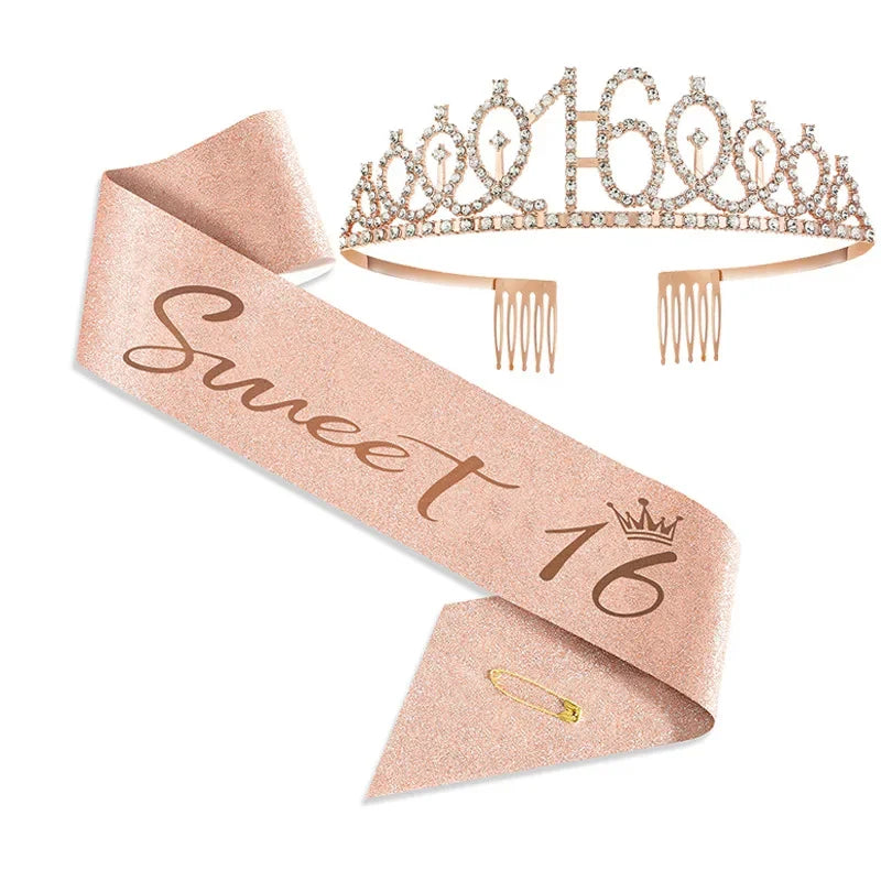 3 4 5 6 7 8 9 Rhinestone Crystal Crown Tiara Birthday Anniversary Decoration Happy Birthday Satin Sash Party Supplies