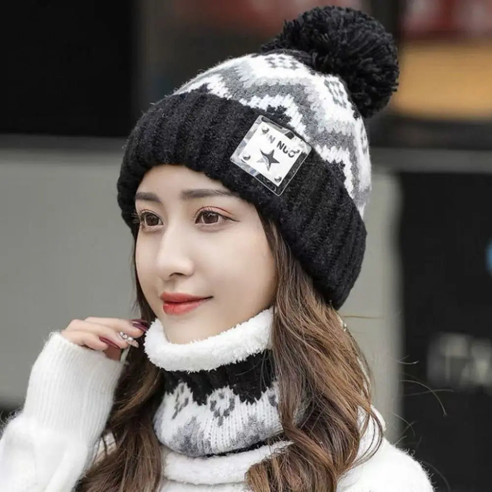 2PCS Winter Women Plush Velvet Hats Neck Warmer Hat Scarf Set Beanies Cycling Windproof Hat Outdoor Ear Protection