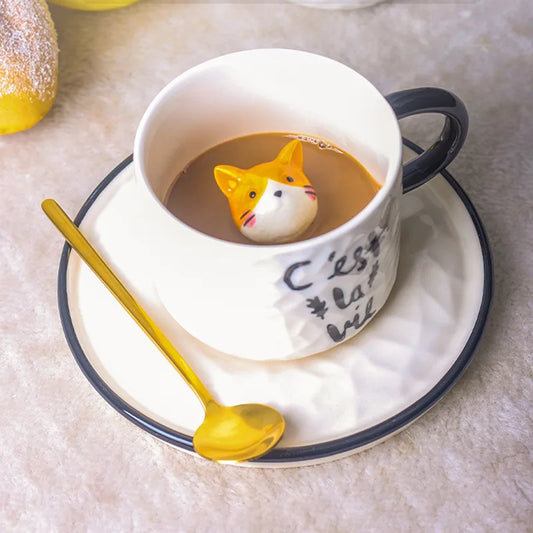 Creative Cartoon Relief Ceramic Cup Animal Inside Mug Kitty Cat Coffee Cup Milk Coffee Mug with Tray