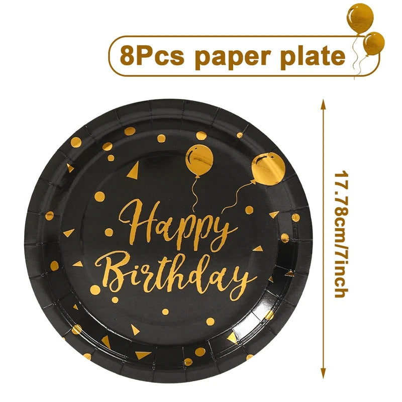 Happy Birthday Black Gold Disposable Tableware Birthday Party Decoration Adult Birthday Anniversary Supplies Paper Plate Napkins