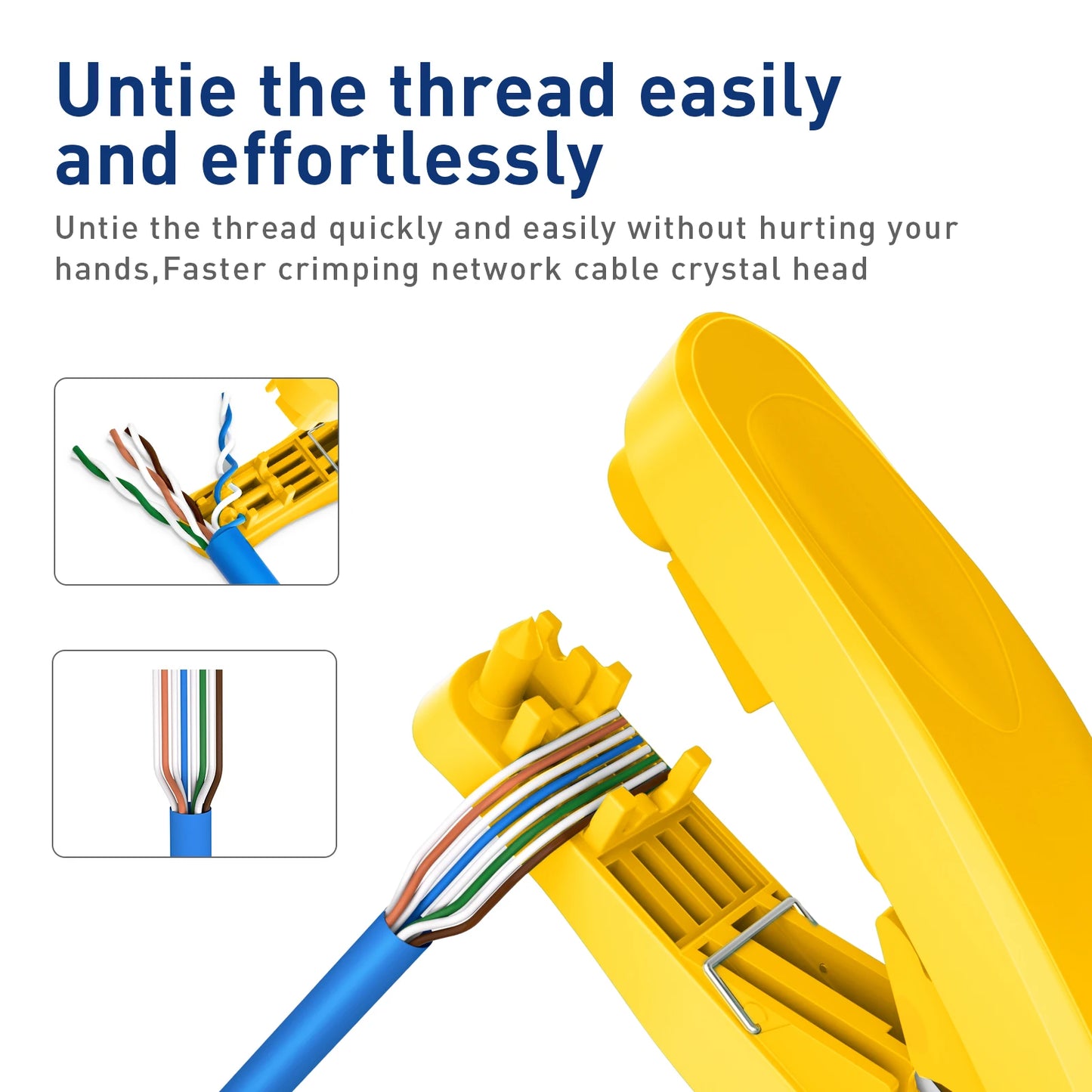 ZoeRax 4-in-1 RJ45 network cable tool with cutting, stripping, untangling, and straightening functions applies to STP/UTP cable.