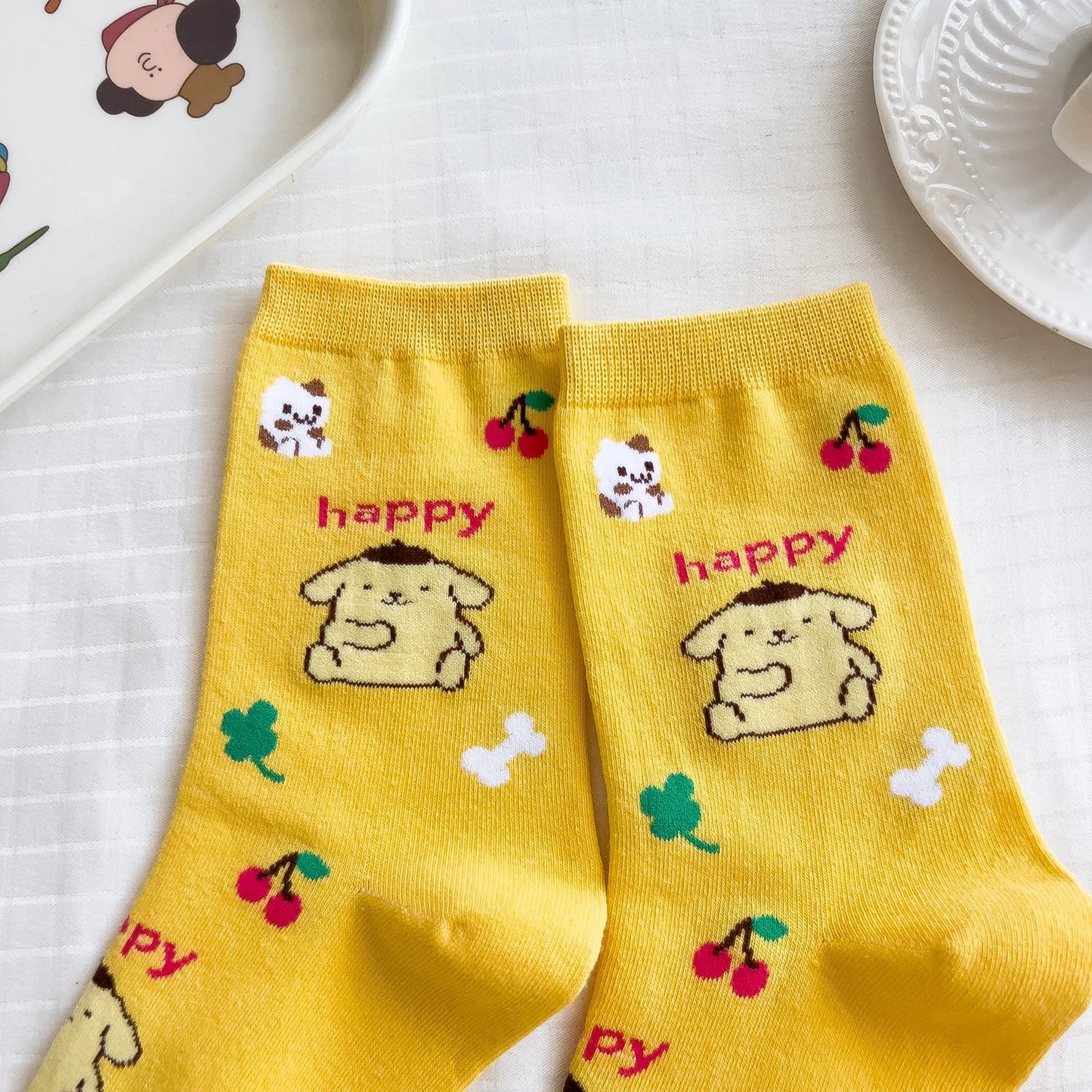 Sanrio Mymelody Cinnamoroll Pom Pom Purin Mid Length Socks Ins Breathable Minimal Design Leisure Sports Socks Girls Gifts Lovely