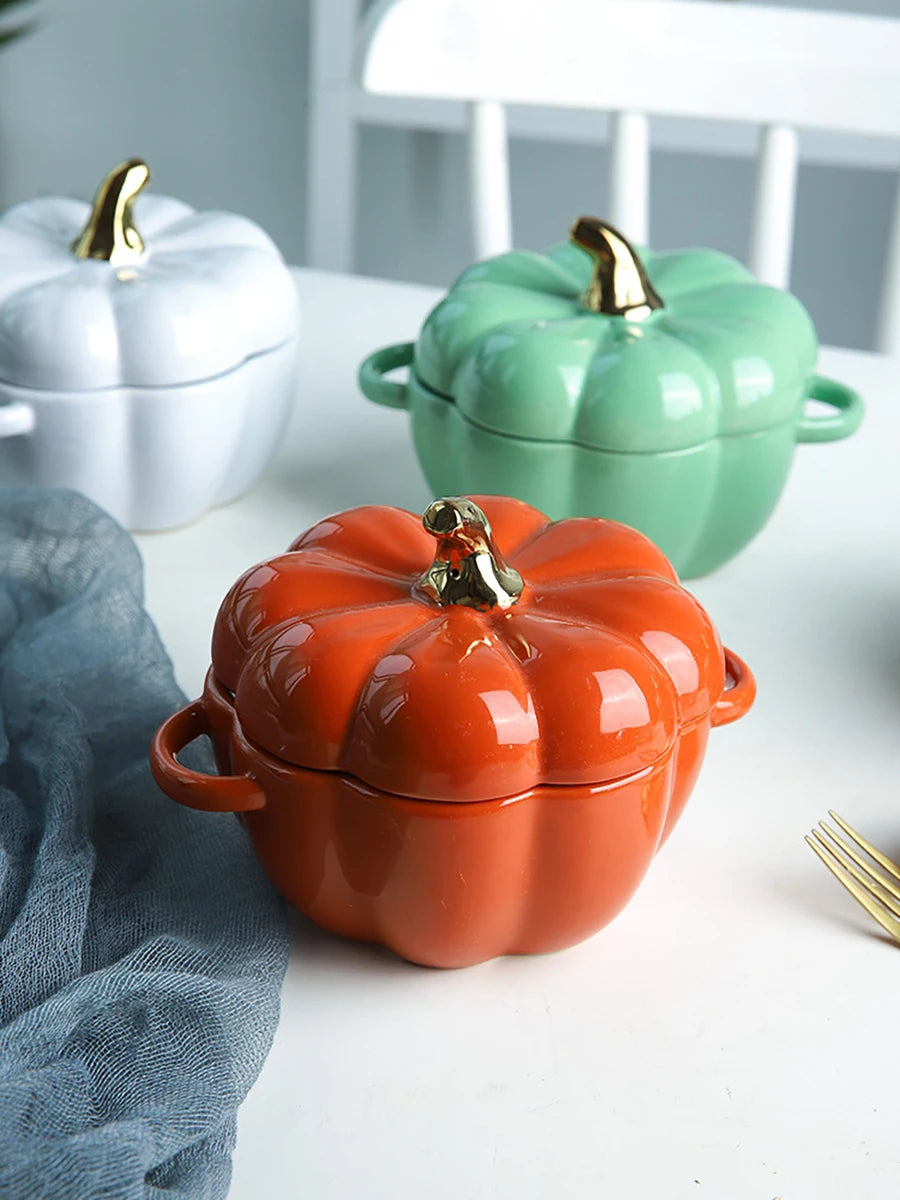 Pumpkin Shape Bowl With Lid Ceramic Soup Salad Cereal Bowl Bakeware Oven Baking Pan Kitchen Halloween Party Festival Decoration