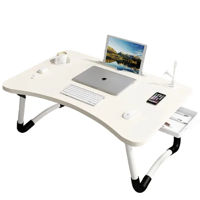 Foldable Laptop Table for Bed & Office Study Portable Black Brushed Modern Simple Design with Drawers Lazy Folding Desk