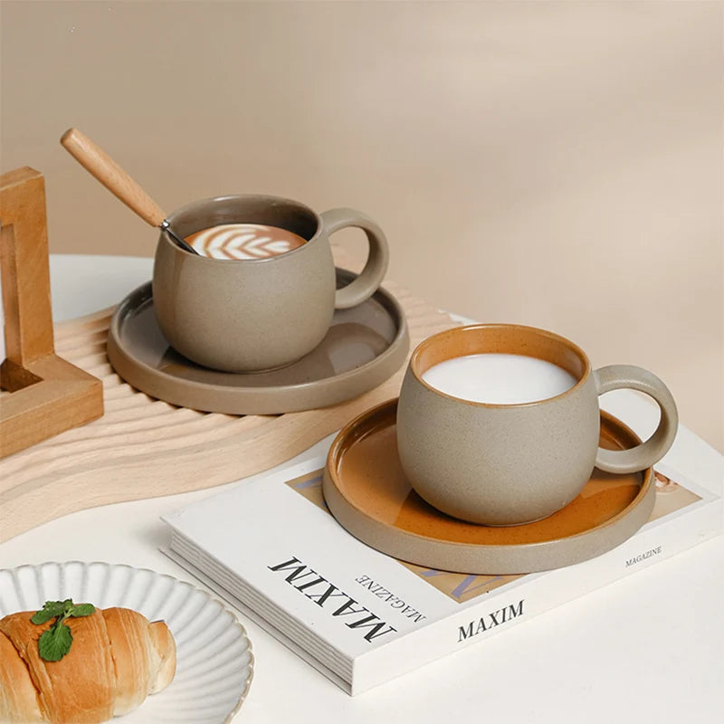Pottery Mug For Latte Cappuccino Milk Juice Cocoa Cups With Dish 300ml