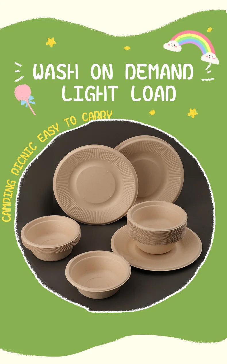 20/40pcs Disposable Paper Bowls Natural Sugarcane Paper Soup Bowls Desserts Fruit Salads Food Containers Party Dinner Plate Set