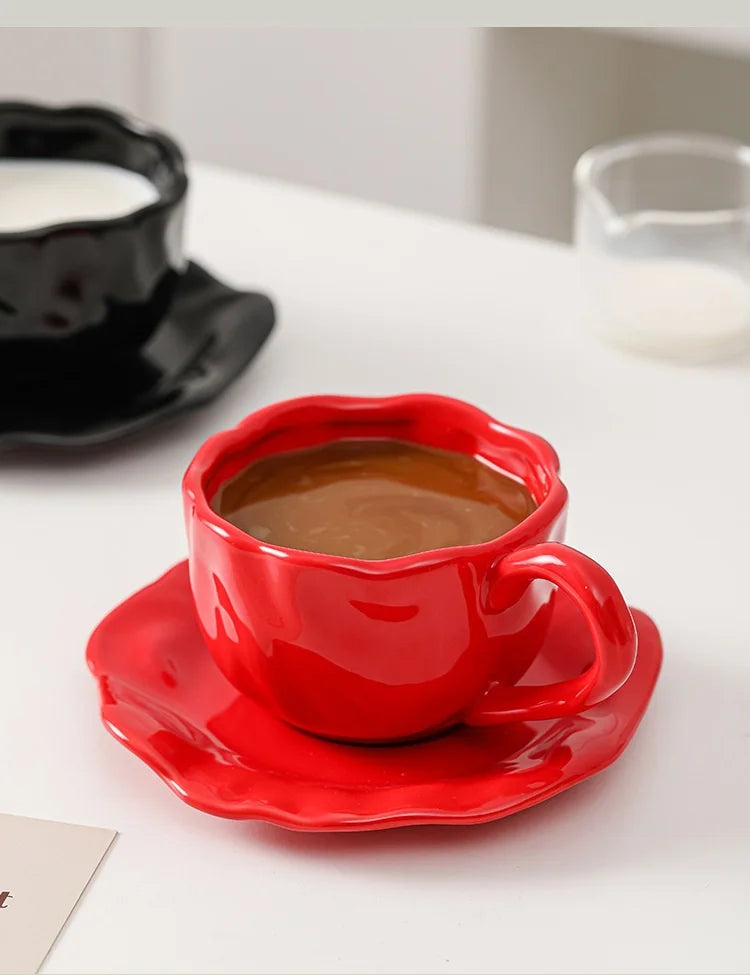 200ml Black Red Macaroon Creative Hand Squeezed Pinched Ceramic Coffee Mug Cup With Saucer For Cafe Restaurant Table Decor 1 PC