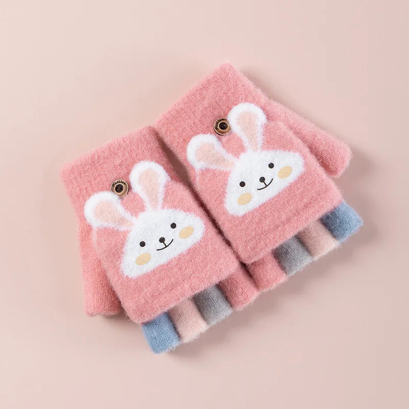 4-11 year old cartoon bunny five finger children's gloves winter thick half finger flip knitted gloves winter new warm gloves