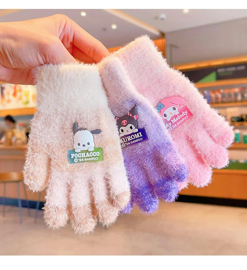 Sanrio Gloves Kawaii My Melody Kuromi Cold-Proof Winter Finger Gloves Plush Screen Touch Warm Children Toddler Christmas Gifts