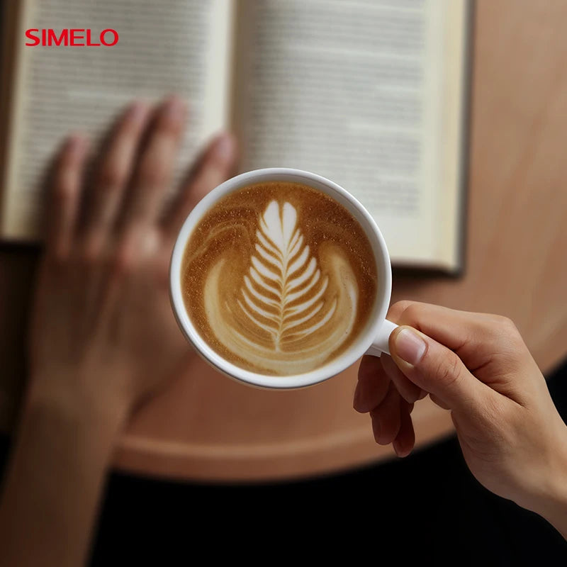 SIMELO 300ml Ceramic Coffee Cup with Saucer Set Professional Barista Latte Mug Featuring Handle for Enhanced Grip