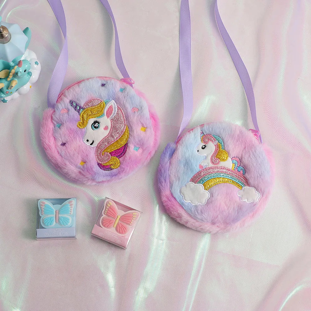 2 PC Cartoon Unicorn Crossbody Bag Children Cute PlushShoulder Bag Girls Small Backpack Suitable For School Holiday Gifts