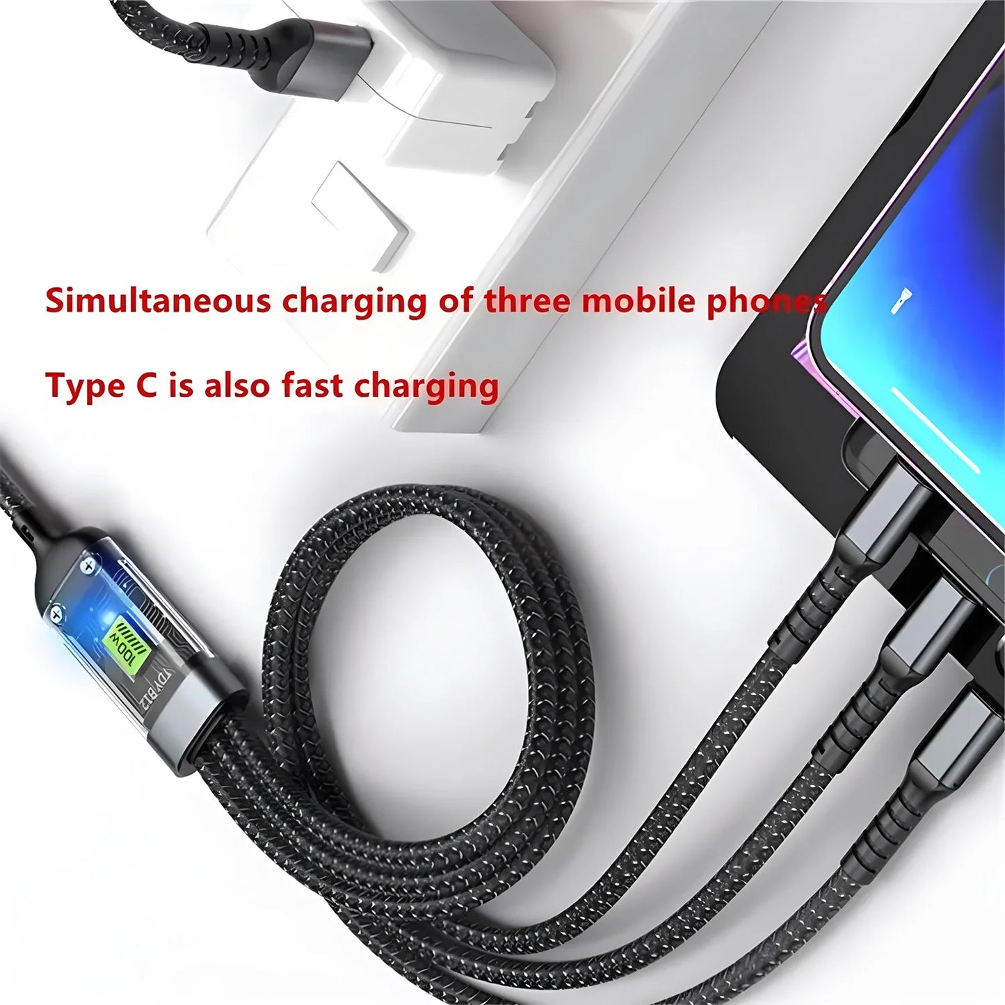 Transparent LED Light Fast Charge 100w 3 In 1 Data Cable Mobile Phone Charging 1.2M Cable For Type-c Android